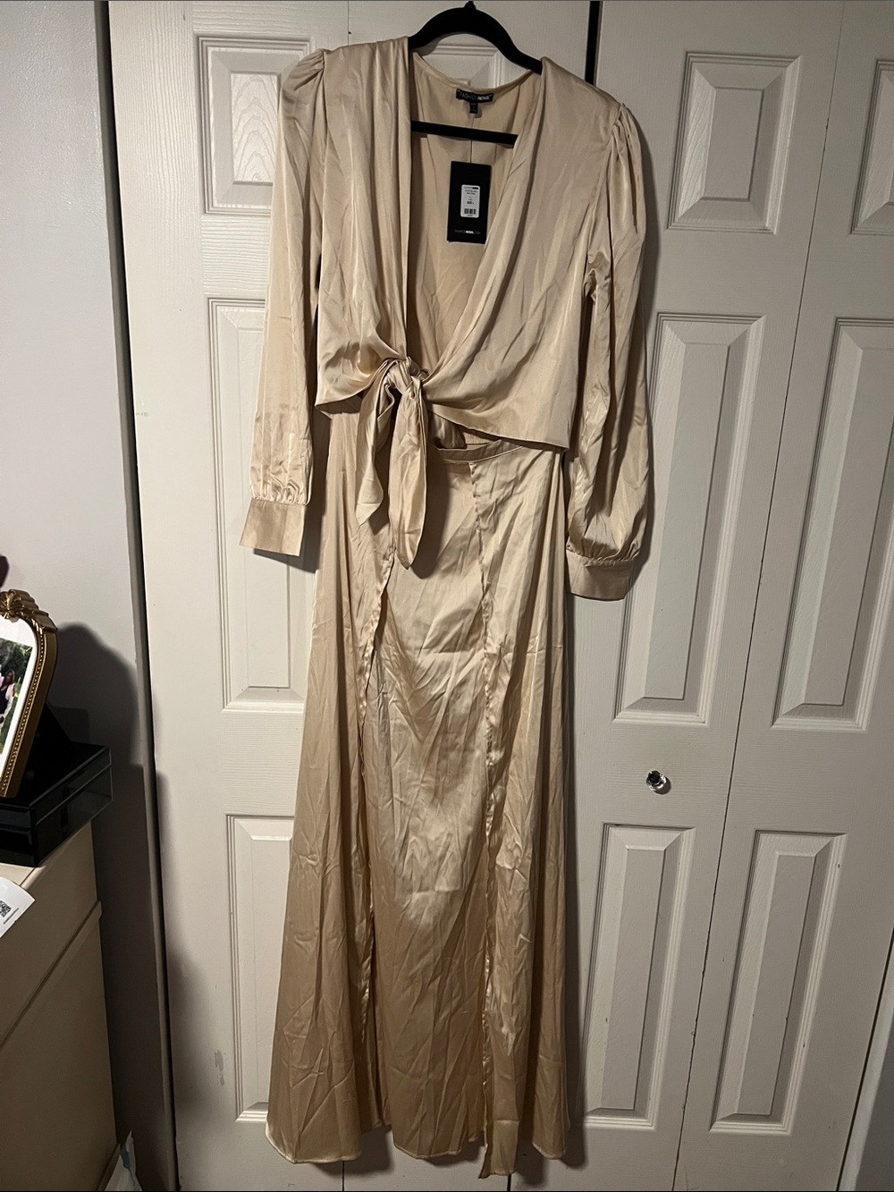 Fashion Nova Champagne Satin Tie-Waist Maxi Dress